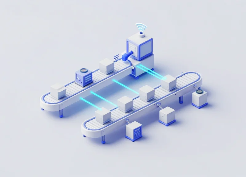 Isometric 3D illustration of a futuristic automated conveyor system with glowing data nodes connecting industrial sensors and controller modules.