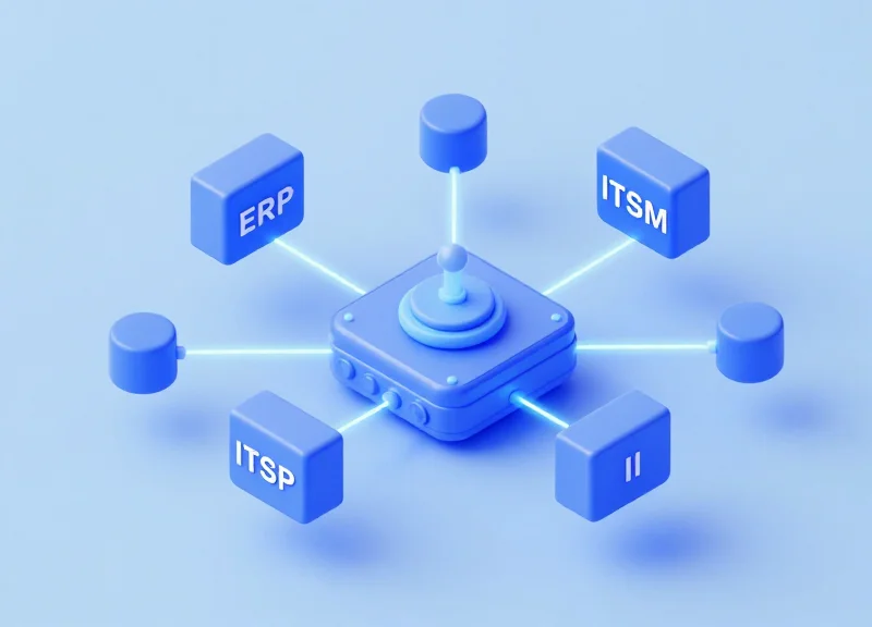 An isometric 3D scene showing the integration of RFID data with enterprise software systems.