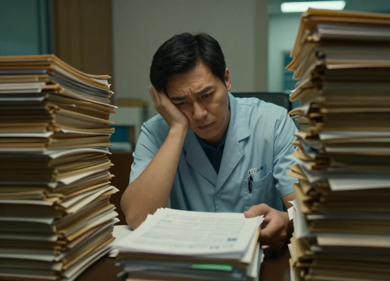 A healthcare worker looking overwhelmed by stacks of manual paperwork in a hospital office