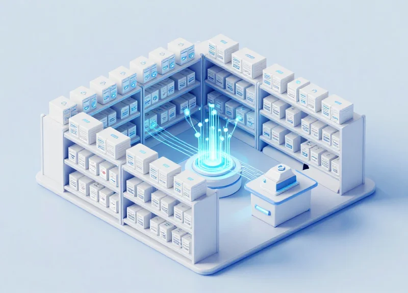 An isometric 3D illustration of a medical supply room with organized shelves and glowing digital lines connecting medicine boxes to a central hub, representing automated RFID audit traceability.