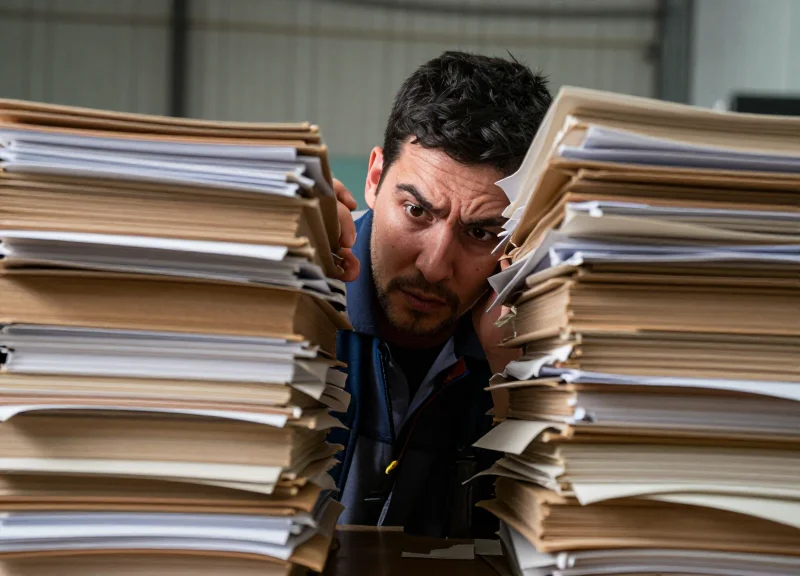 An overwhelmed worker looking at stacks of paper files in an industrial office environment.