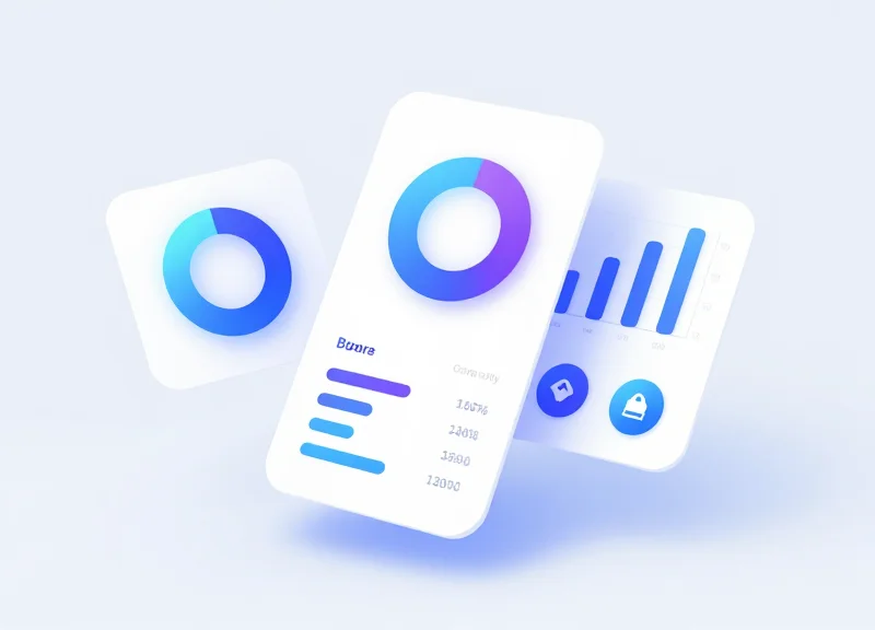 A modern software dashboard with colorful data charts and asset report visualizations.
