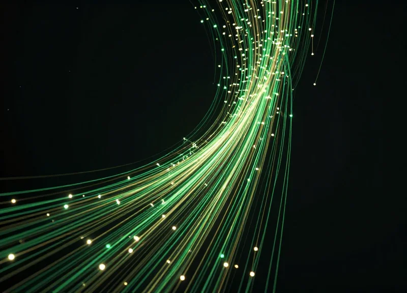 Upward trending light trails and data nodes representing financial ROI and accuracy.
