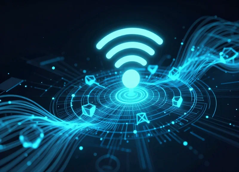 A futuristic data visualization showing glowing blue digital waves and abstract nodes representing RFID technology in a high-tech environment.