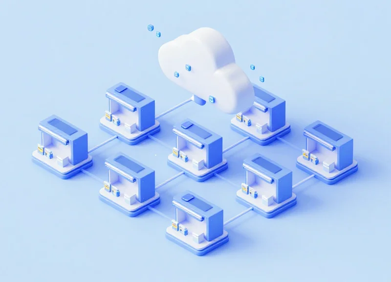 Isometric 3D representation of edge computing nodes in a multi-site retail network