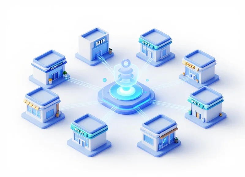 An isometric 3D illustration showing multiple miniature retail stores connected by glowing data streams to a central digital hub, representing integrated retail technology.