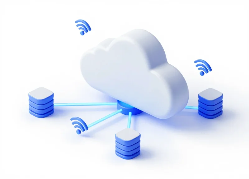 An isometric 3D model of a cloud server hub connecting to multiple remote RFID antenna nodes in a clean system architecture layout.