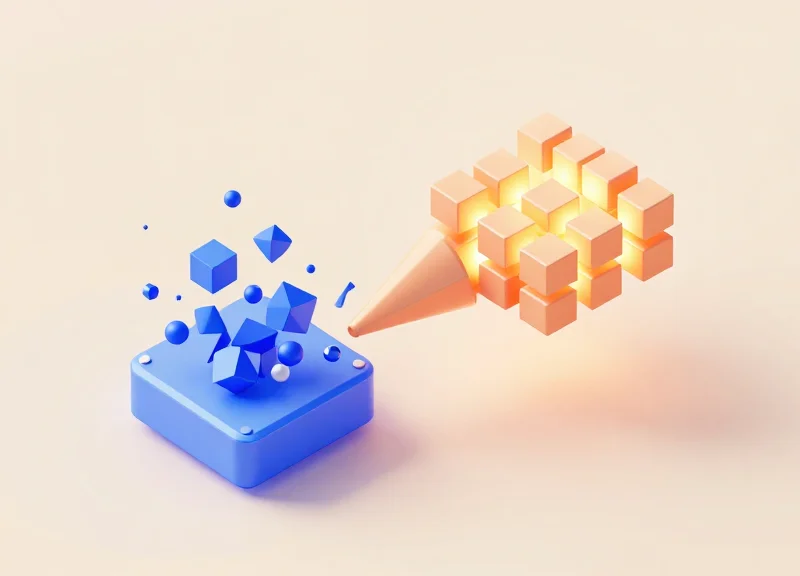 An isometric 3D representation of a logic engine filtering raw colorful data shapes into organized uniform blocks.