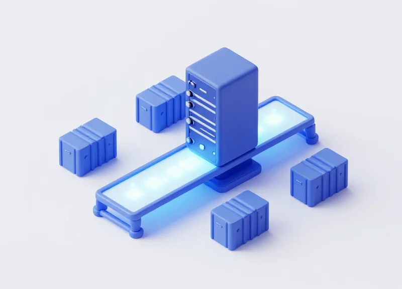 Isometric 3D view of a middleware system acting as a bridge between RFID readers and an enterprise ERP system.