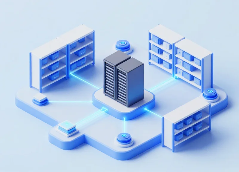 A modern isometric 3D illustration showing a network of RFID scanners and warehouse shelves connected to a central server via glowing data streams.