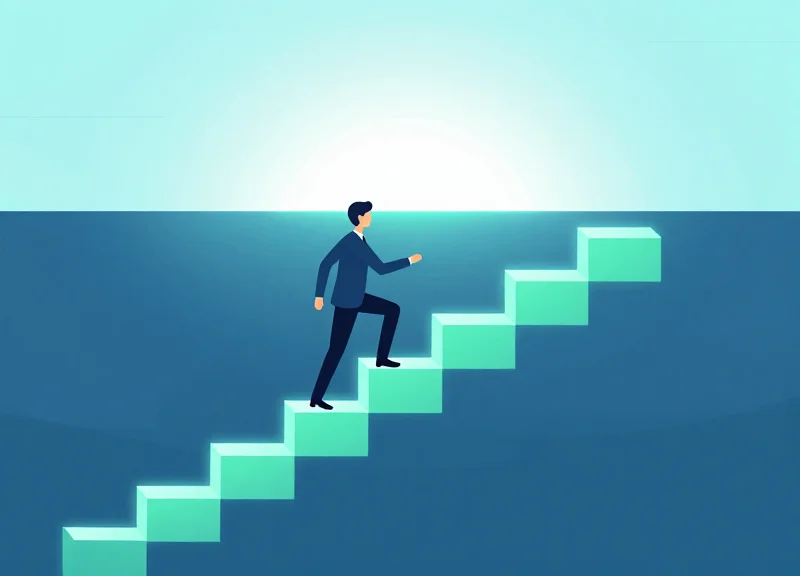 A flat vector illustration of a person walking up a staircase of glowing blocks towards a bright horizon, representing steps to modernization.