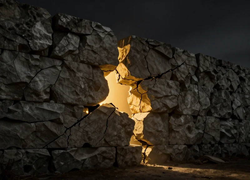 A surrealism art piece showing a massive, rigid stone wall with deep cracks, with bright light bursting through the gaps to represent breaking the middleware wall.