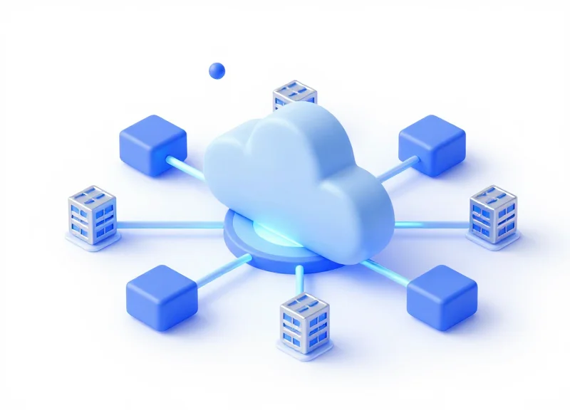 An isometric 3D illustration of a cloud-native RFID architecture with floating data blocks and a central glowing cloud core connecting to logistics points.