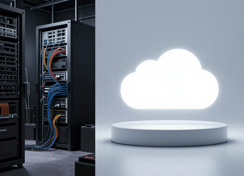 A side-by-side comparison visual showing a cluttered, messy on-premise server room on one side and a clean, sleek cloud-symbol on the other side.