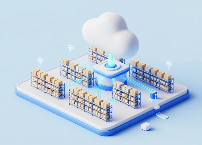 An isometric 3D illustration showing a futuristic retail warehouse with modular racks, small packages emitting glowing RFID signals, and data lines connecting directly to a central floating cloud platform.