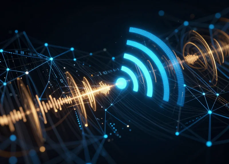 Abstract digital representation of RFID radio waves and data nodes in an enterprise environment.