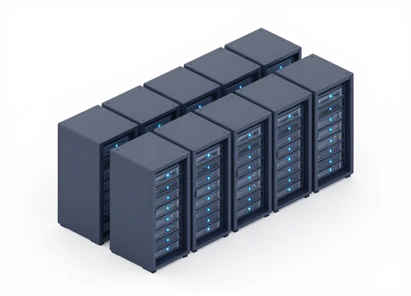 Isometric 3D model of a secure on-premise server room with RFID control units.