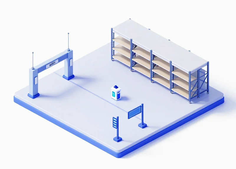 Integrated retail or warehouse environment showing RFID scanners, EAS gates, and ESL tags.