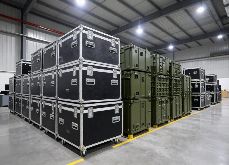 A high-security defense warehouse with rows of specialized equipment containers and cinematic lighting.