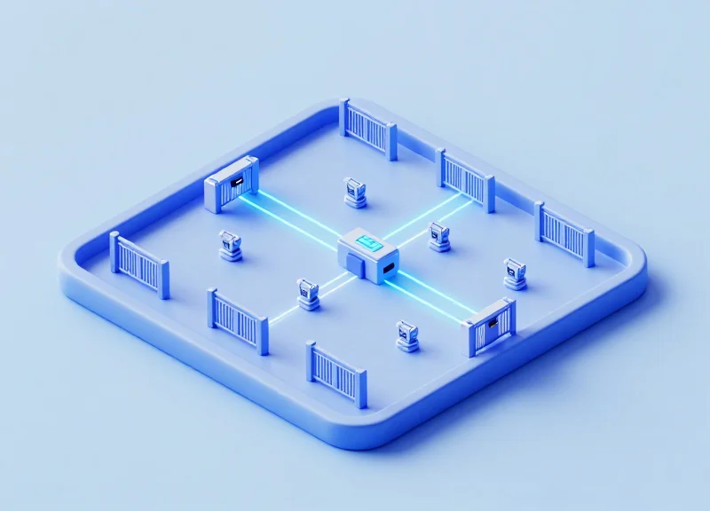 Isometric 3D model of a secure facility with integrated RFID infrastructure points.