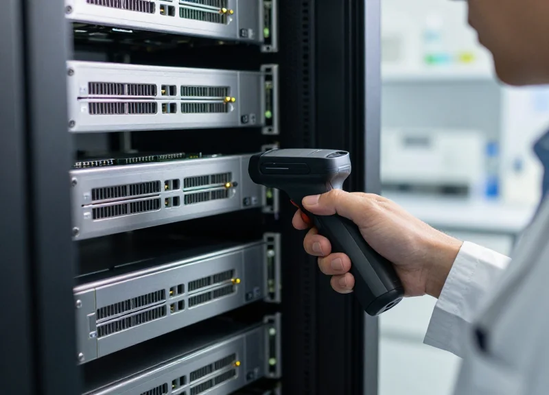 Close-up of a technician scanning a sensitive hardware asset with a handheld RFID reader.