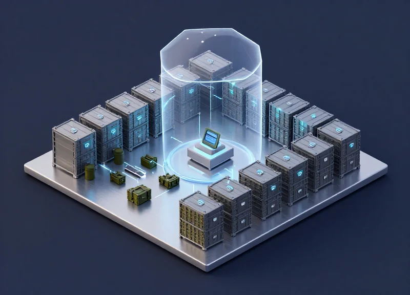An isometric 3D illustration of a high-tech defense facility where equipment crates are tracked with glowing RFID tags under a digital security dome.