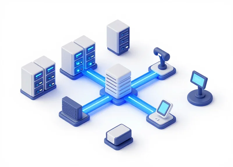 Isometric 3D model of an RFID data storage architecture showing scanners and server modules.