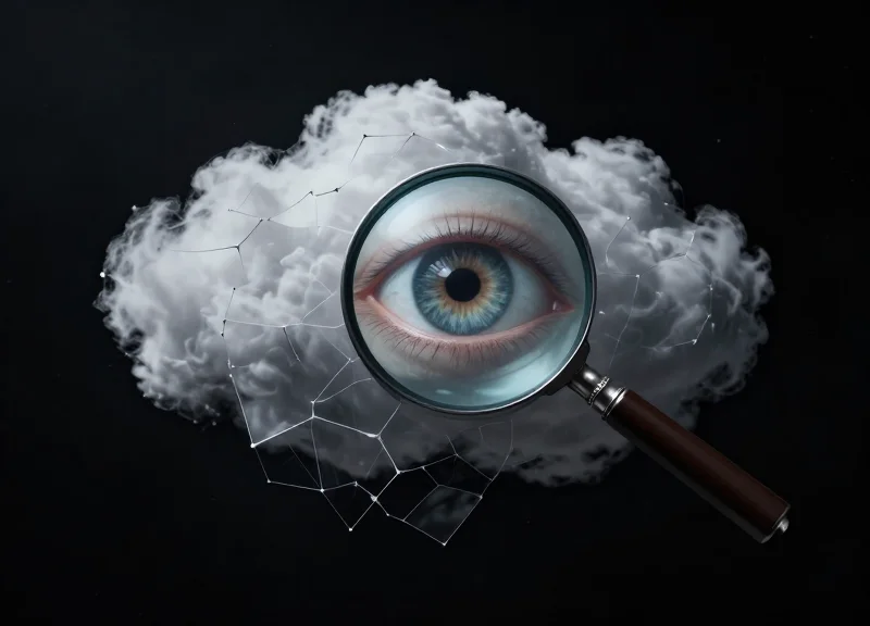 Surrealist illustration of a fragile digital cloud representing security vulnerabilities.