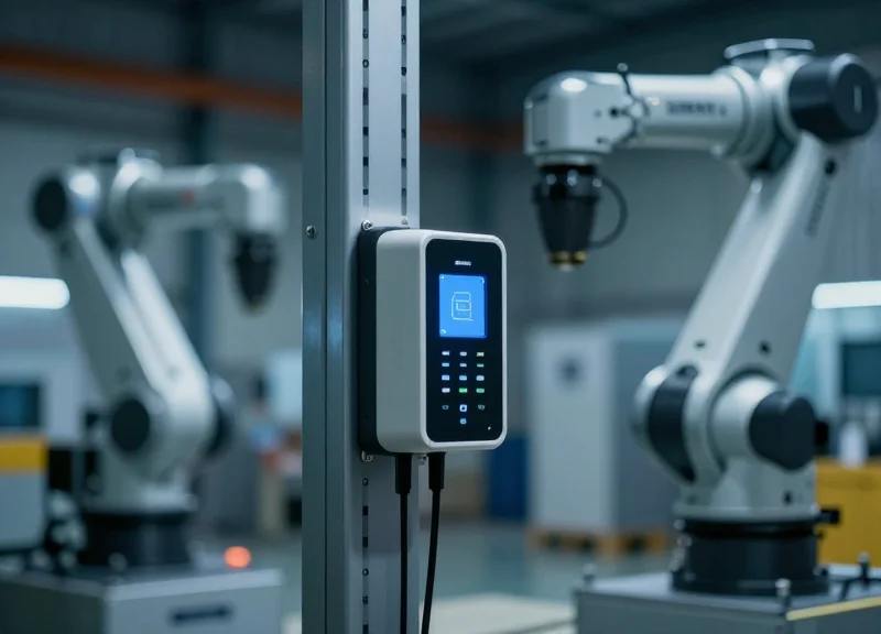 Photorealistic shot of an RFID scanner in a high-security industrial facility.