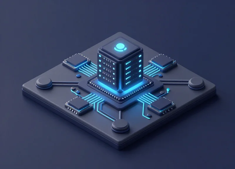 An isometric 3D model of a secure data facility featuring localized server modules and glowing RFID circuit pathways in a closed-loop system.