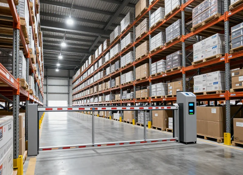 Wide shot of a modern high-tech warehouse with RFID gates at a loading dock.