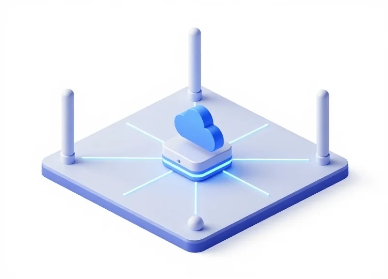 Isometric 3D model of an RFID monitoring network in a warehouse showing connected components.
