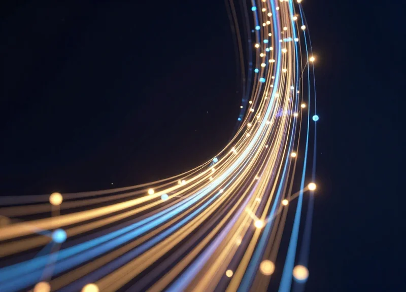 Abstract visualization of upward-trending data and glowing light trails representing savings.