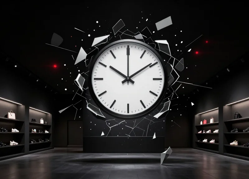 Surrealist illustration representing system downtime as a broken digital clock within a retail environment