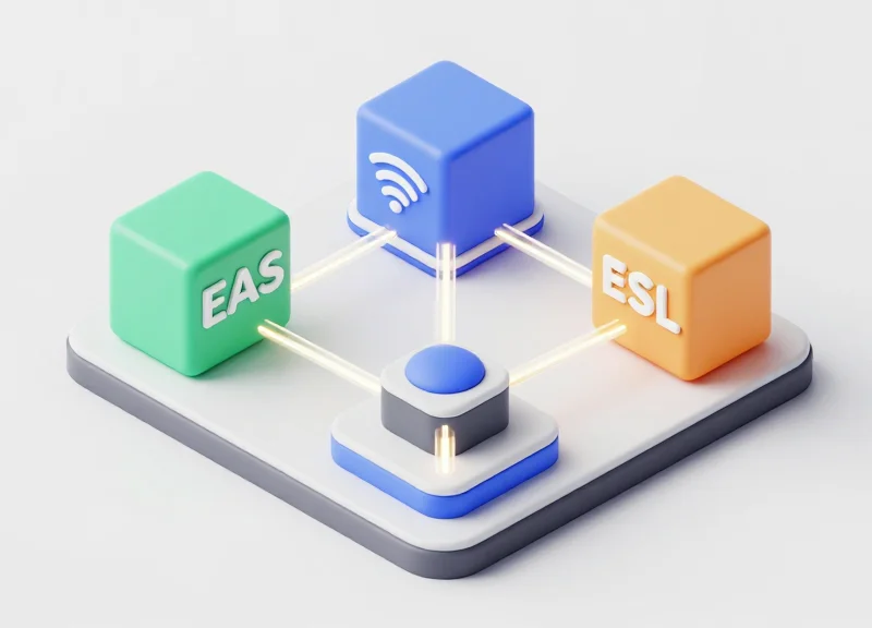 Isometric view of interconnected EAS, RFID, and ESL modules in a retail setting