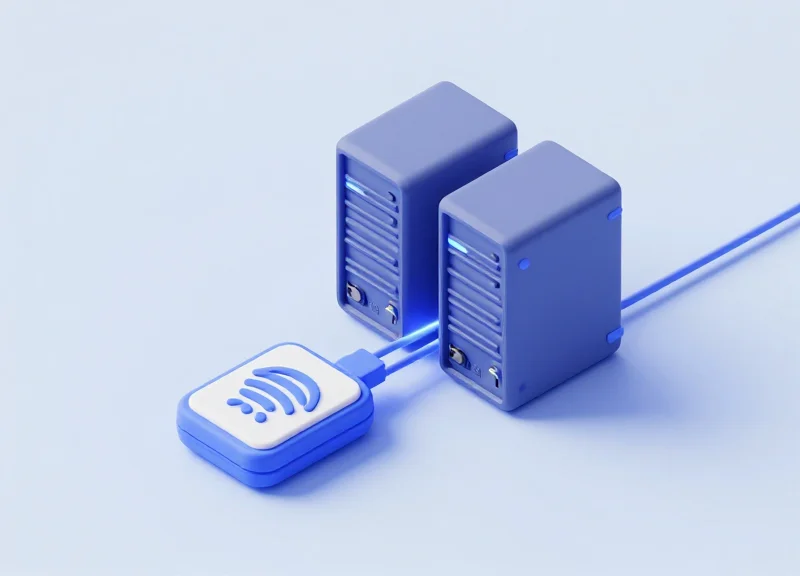 Isometric 3D model of an RFID reader connected to a central server and a notification beacon.