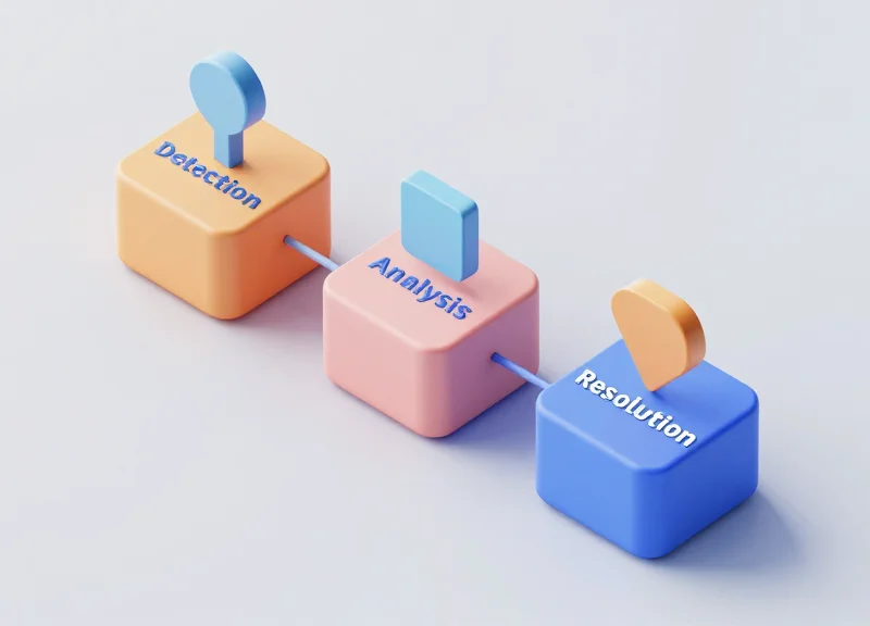 3D isometric workflow showing the diagnostic process for technical troubleshooting.