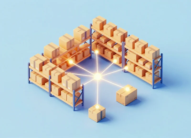 Isometric 3D model of a self-healing RFID network in a warehouse