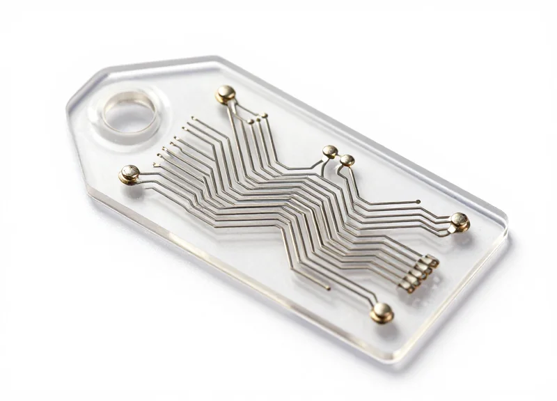 A macro shot of a transparent RFID inlay showing the intricate antenna circuitry.