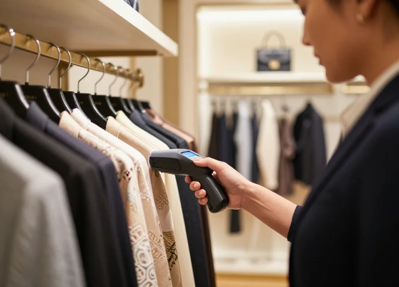 A retail associate in a luxury boutique using a handheld RFID scanner to perform a rapid inventory check.
