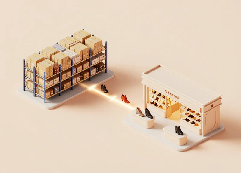 Isometric 3D model showing the logistics flow from a modern warehouse to a luxury boutique storefront