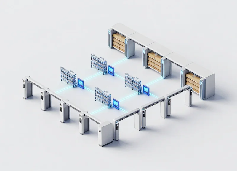 Isometric 3D view of a high-tech logistics center showing smart scanners and connected data modules.