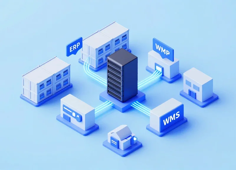 Isometric 3D model of central server hub connecting to warehouse and corporate systems via fiber optics.