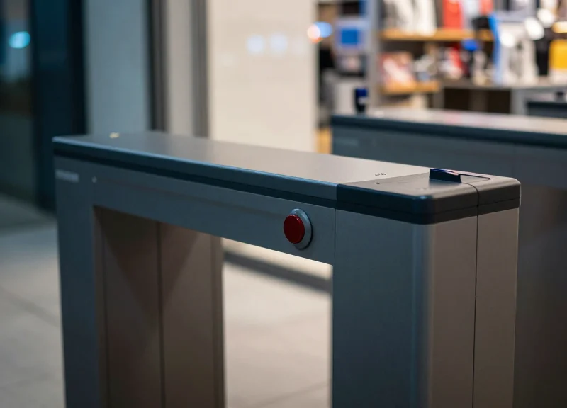 A sleek security pedestal at a retail store entrance with clean cinematic lighting.