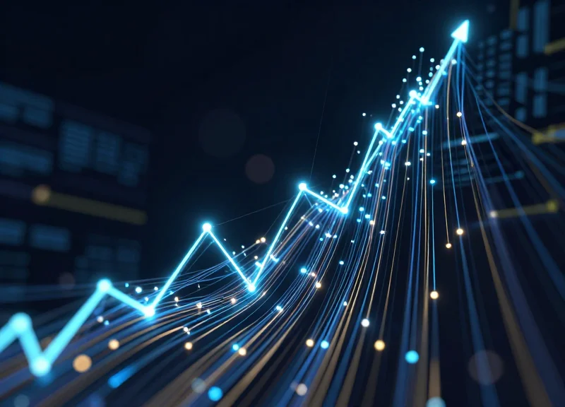 Abstract data visualization showing rising bars and glowing financial symbols.