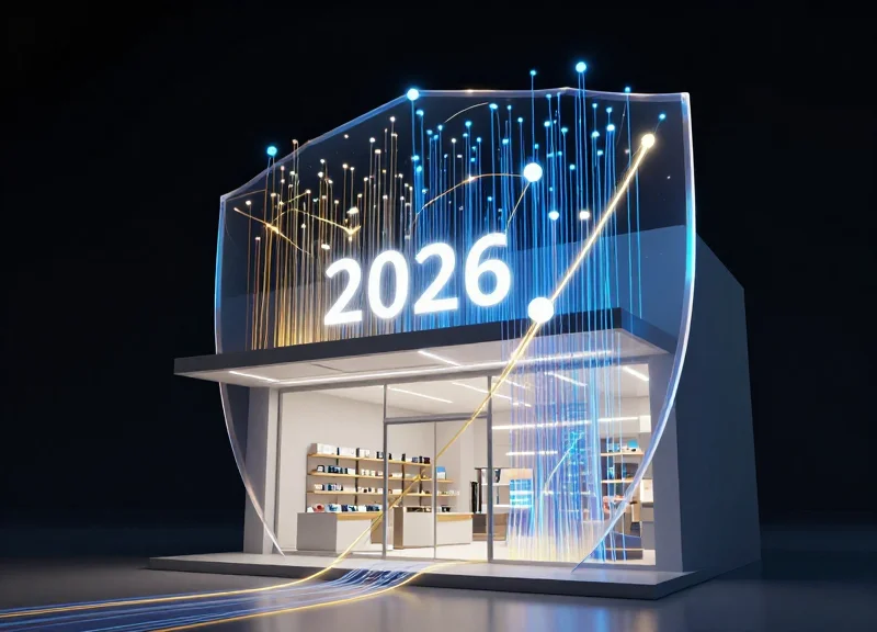 A futuristic digital concept showing glowing blue and gold data streams forming a protective shield over a retail store entrance, representing the evolution of RFID technology.