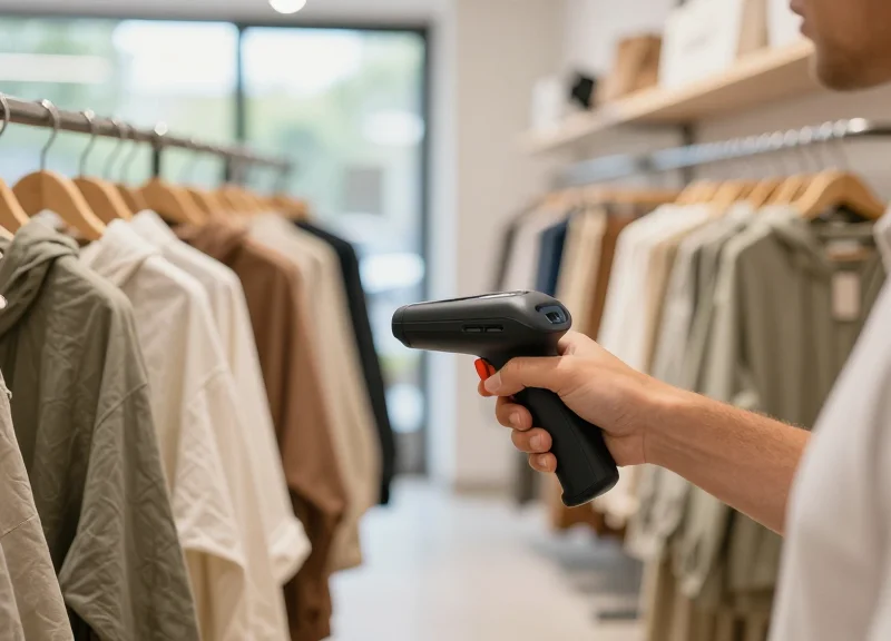 A retail worker using a mobile RFID scanner in a modern sustainable clothing store