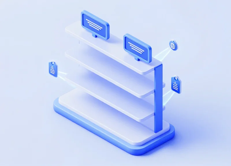 Isometric 3D model of an integrated retail system with RFID and electronic shelf labels