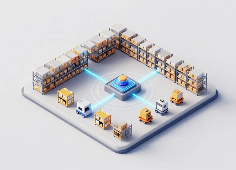 An isometric 3D illustration of a modern warehouse with a network of RFID sensors and digital connections.
