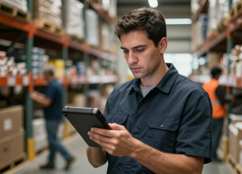 A warehouse supervisor using an RFID device to manage resource allocation.